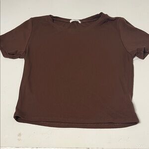 Active Basic Large Brown Short Sleeve Cropped Ribbed Tight Shirt